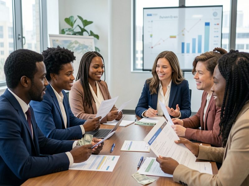 Equipe analisando crédito e indicadores financeiros em reunião